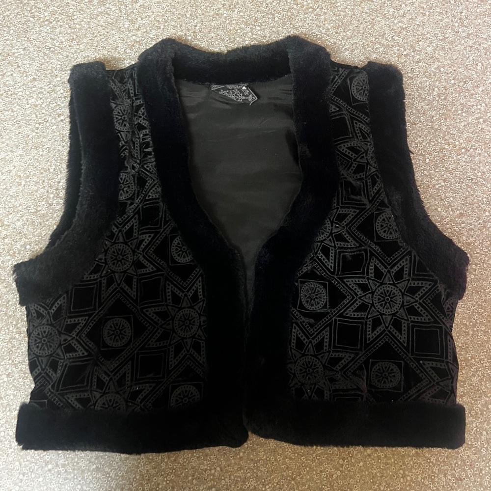 Johnny Was Black Faux Fur Trim Velvet Patterned Vest